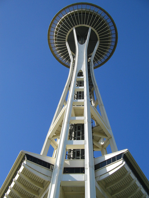 Photograph of the Space Needle from underneath, looking up.