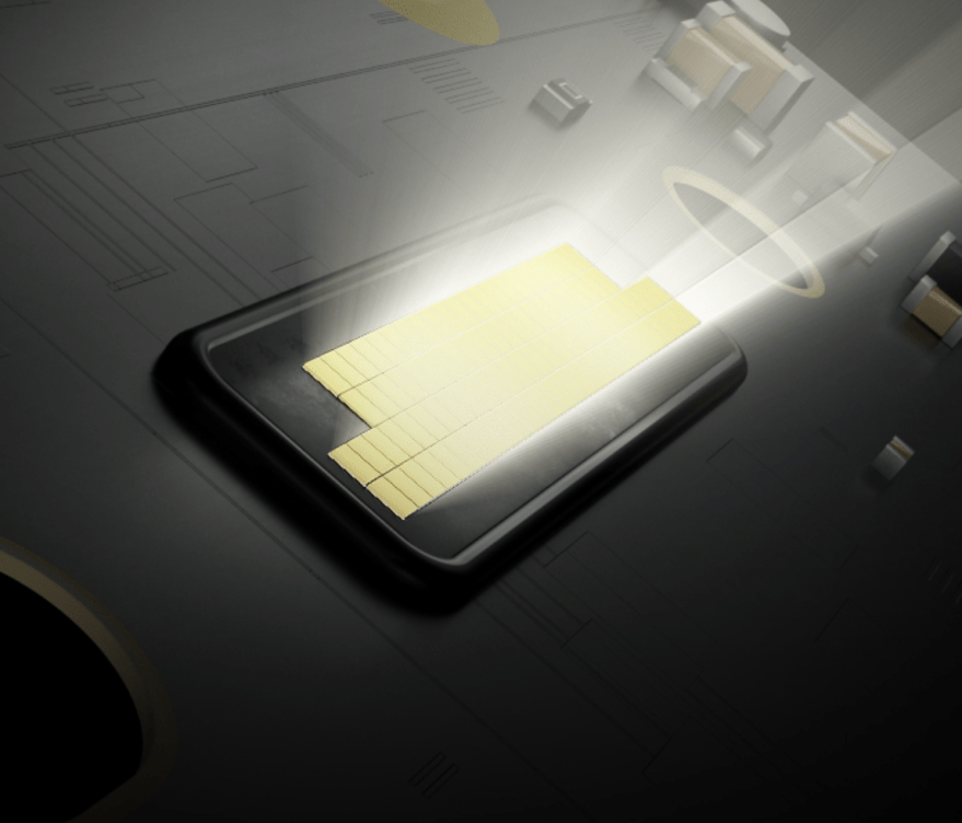 Several bright blocks that are projecting beams of light, centered in a black background.